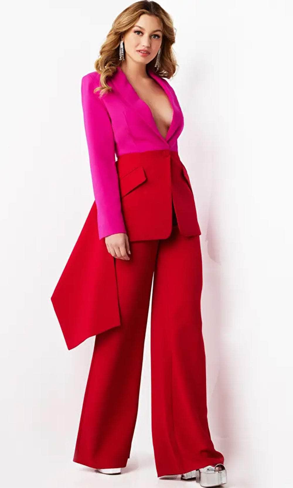 Jovani 07093 - Long Sleeve V-Neck Pantsuit Formal Pantsuits