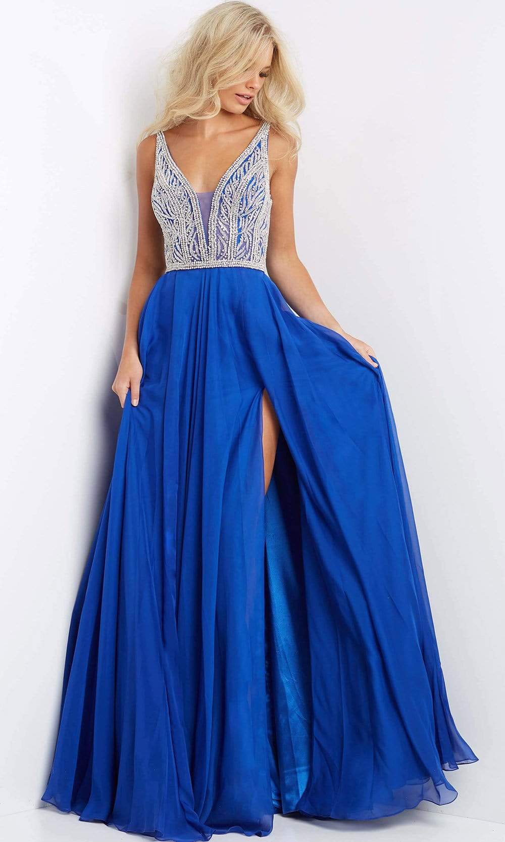 Jovani - 07136 Jeweled Bodice High Slit Gown Special Occasion Dress 00 / Royal