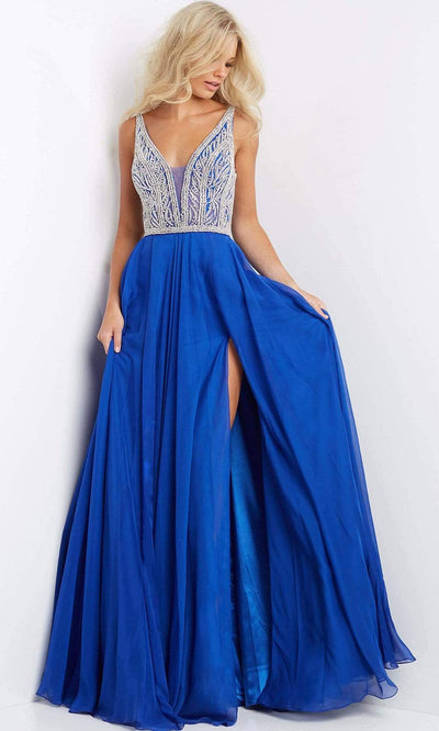 Jovani - 07136 Jeweled Bodice High Slit Gown Special Occasion Dress 00 / Royal