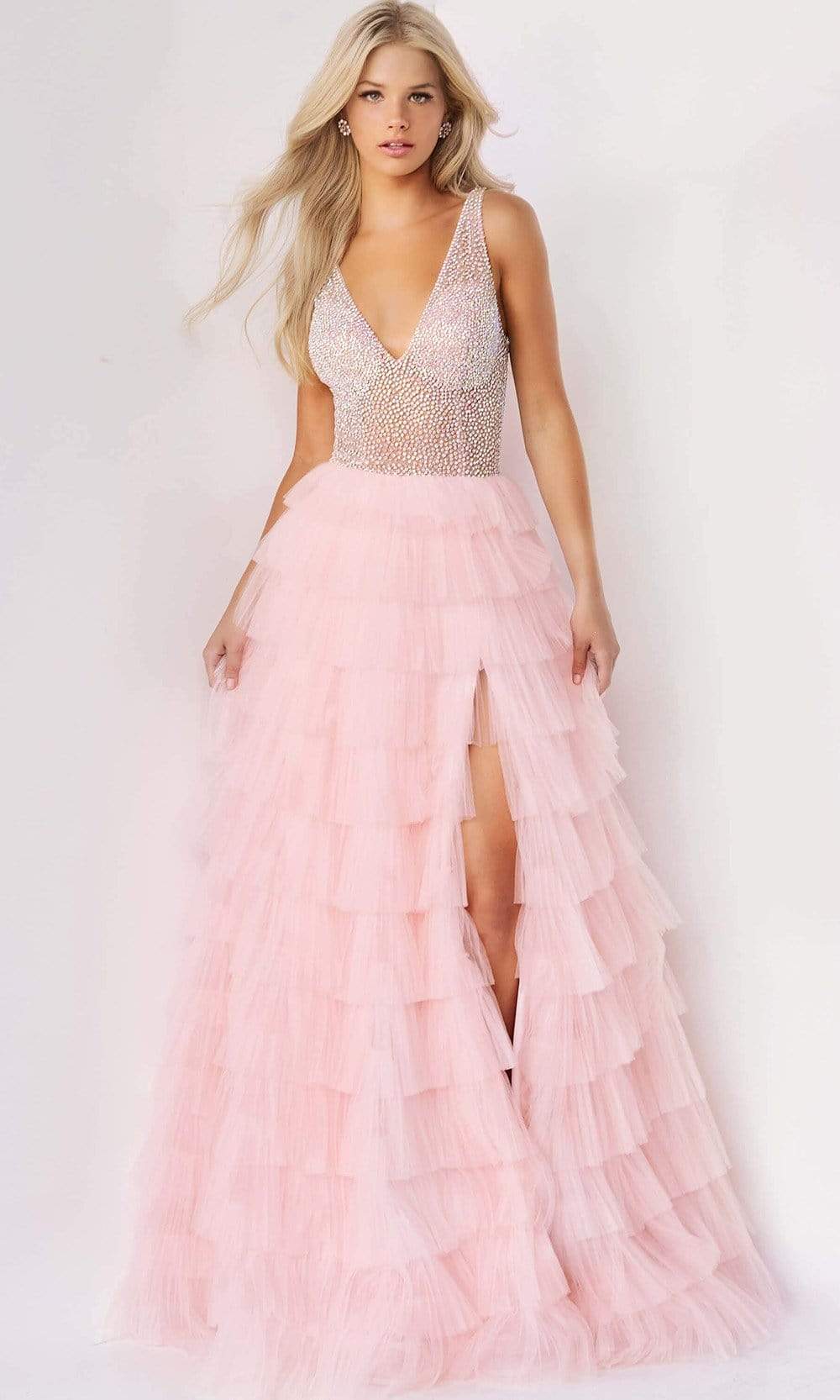 Jovani - 07235 Jeweled High Slit Tulle Gown Prom Dresses 00 / Blush