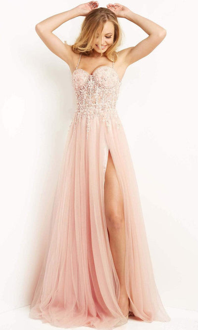 Jovani - 07259 Embellished Corset Tulle Gown Prom Dresses 00 / Blush
