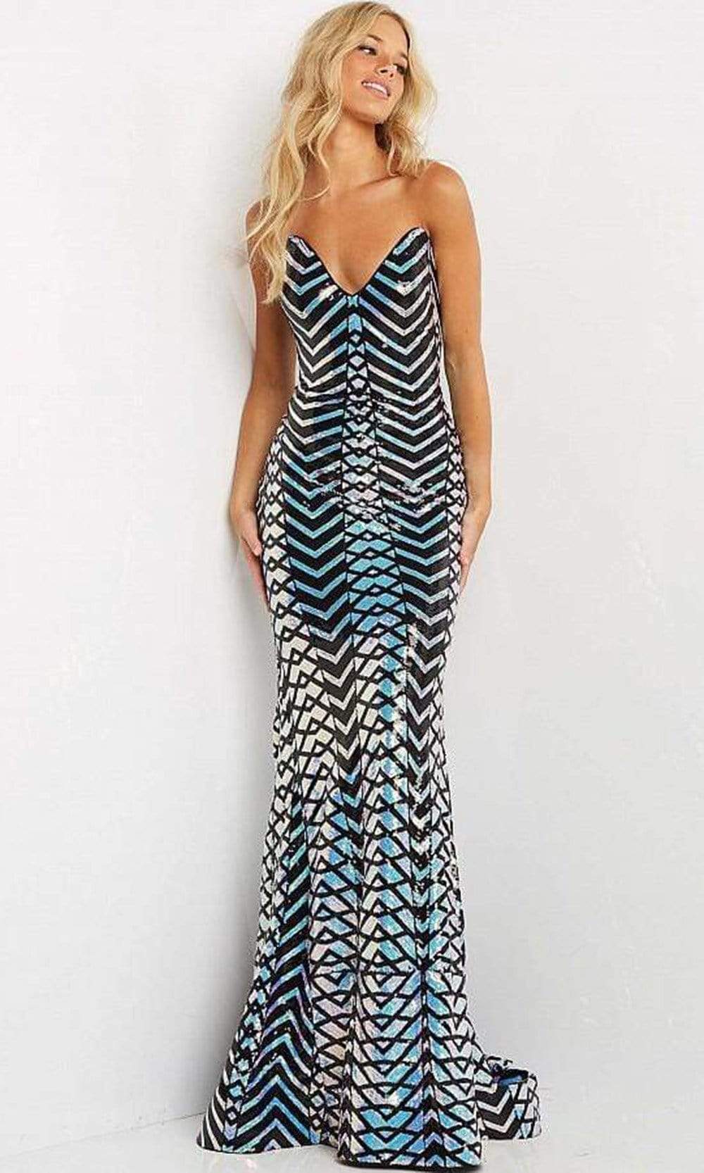 Jovani - 07285 Strapless Zigzag Sequin Long Gown Prom Dresses 00 / Lilac/Multi
