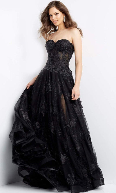 Jovani - 07304 Strapless Lace Appliqued Gown Evening Dresses 00 / Black