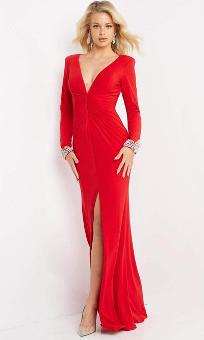 Jovani - 07320 Long Sleeves High Slit Sheath Dress Evening Dresses 00 / Red
