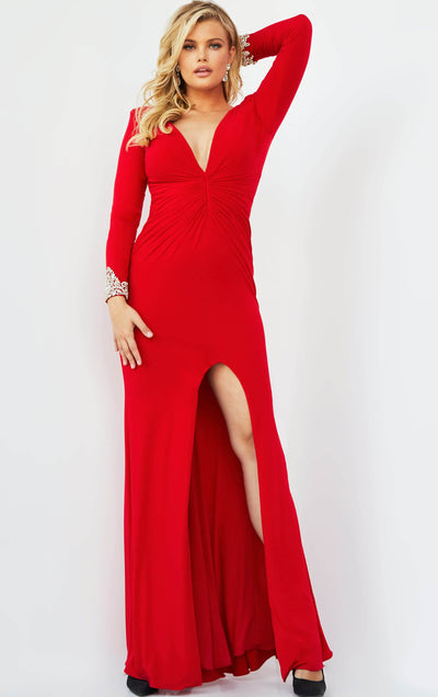 Jovani - 07320 Long Sleeves High Slit Sheath Dress Evening Dresses 16 / Red