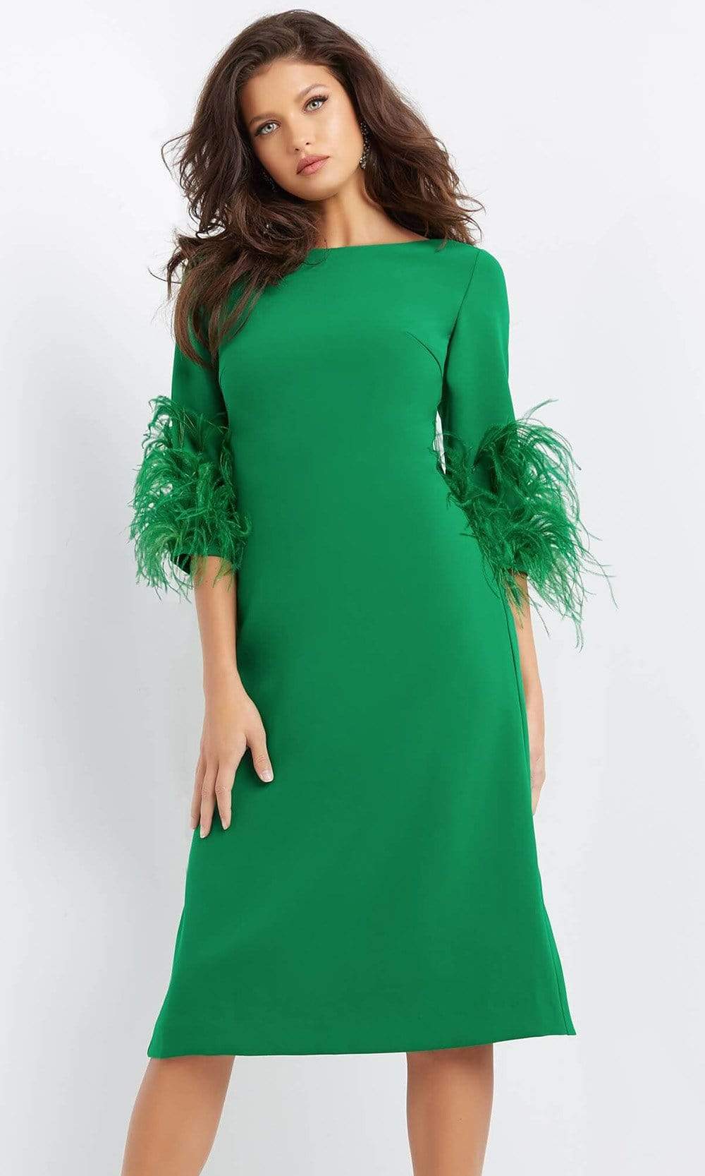 Jovani - 07341 Feather Fringed Quarter Sleeve Dress Cocktail Dresses 00 / Emerald