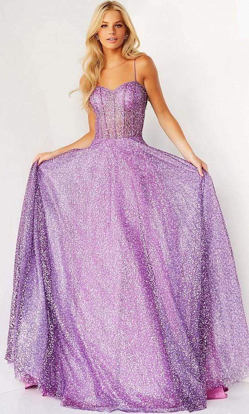 Jovani - 07423 Glitter Corset A-line Shiny Gown Prom Dresses 00 / Purple
