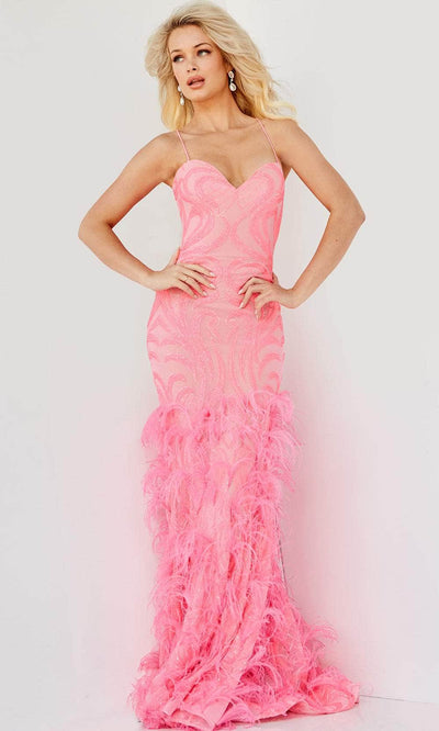 Jovani 07425 - Sweetheart Sequin Feathered Prom Dress Special Occasion Dress 00 / Hot-Pink