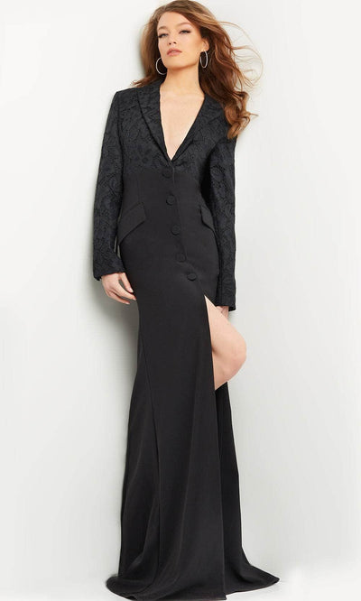 Jovani 07552 - V-Neck Front Slit Evening Gown Special Occasion Dress 00 / Black