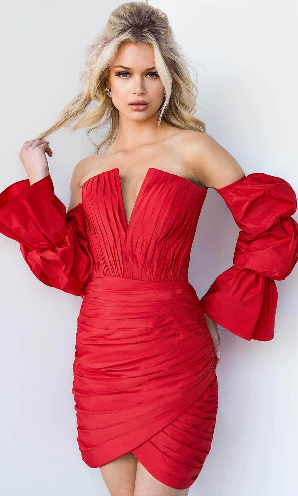 Jovani 07558 - Off Shoulder Ruched Cocktail Dress Special Occasion Dress 00 / Red