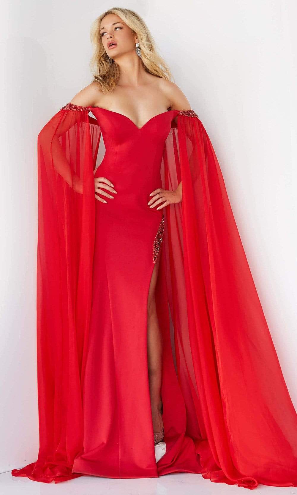Jovani - 07652 Cascading Drape Off Shoulder Gown Special Occasion Dress 00 / Red