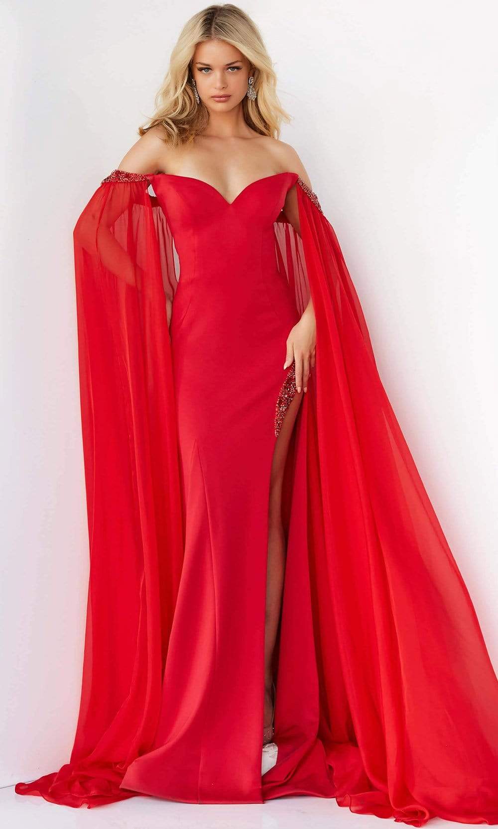 Jovani - 07652 Cascading Drape Off Shoulder Gown In Red