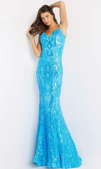 Jovani - 07784 Long Pattern Sequin Gown Special Occasion Dress 00 / Turquoise