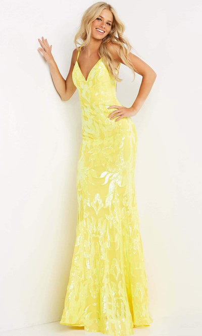 Jovani - 07784 Long Pattern Sequin Gown Special Occasion Dress 00 / Yellow