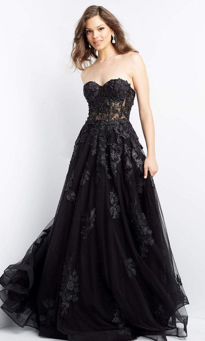 Jovani - 07901 Strapless Lace Ornate A-Line Gown Prom Dresses 00 / Black