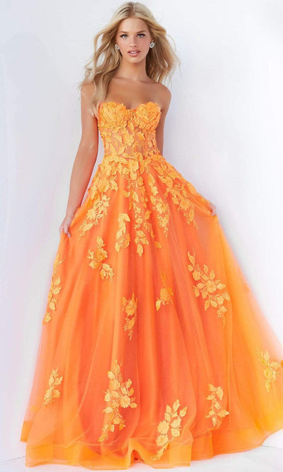 Jovani - 07901 Strapless Lace Ornate A-Line Gown Prom Dresses 00 / Orange
