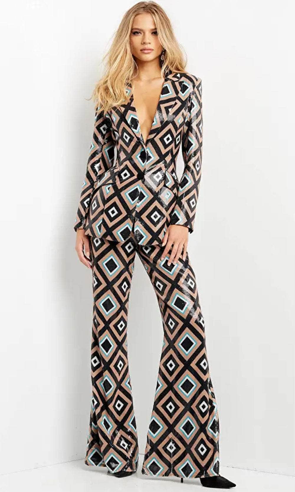 Jovani 07921 - Plunging V-Neck Sequin Pantsuit Evening Dresses 00 / Print
