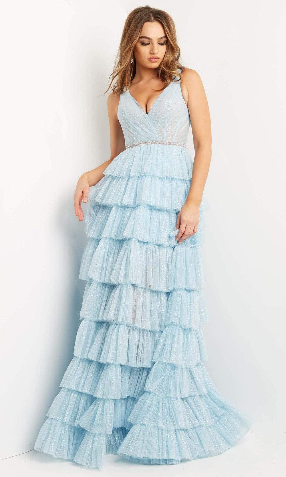 Jovani - 07998 Surplice V-Neck Layered A-Line Dress Prom Dresses 00 / Sky-Blue