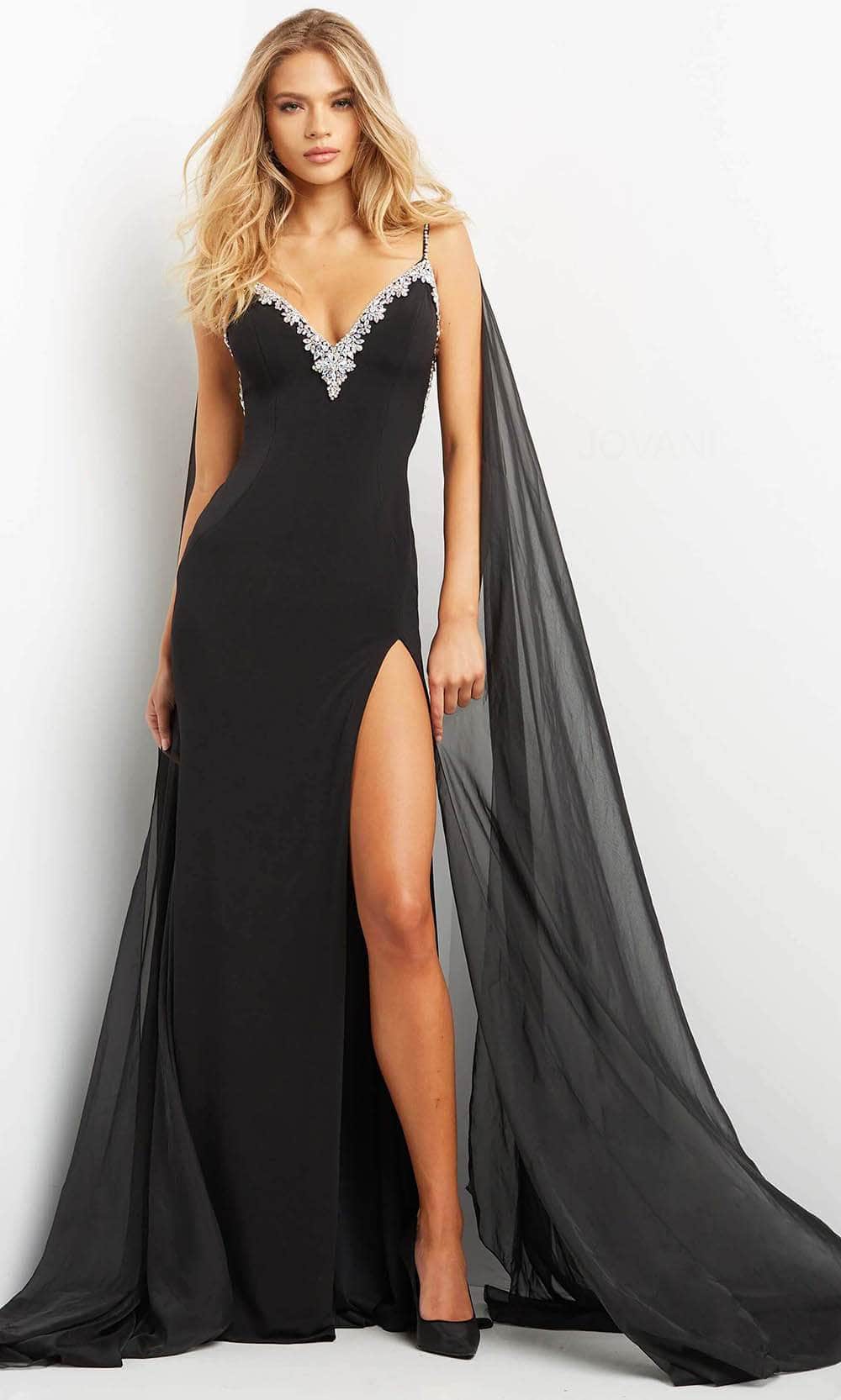 Jovani 08022 - Cascade Paneled Backless Evening Dress Evening Dresses 00 / Black