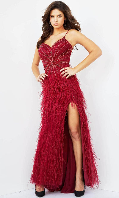 Jovani 08060 - Feather Skirt Prom Dress Special Occasion Dress 00 / Burgundy