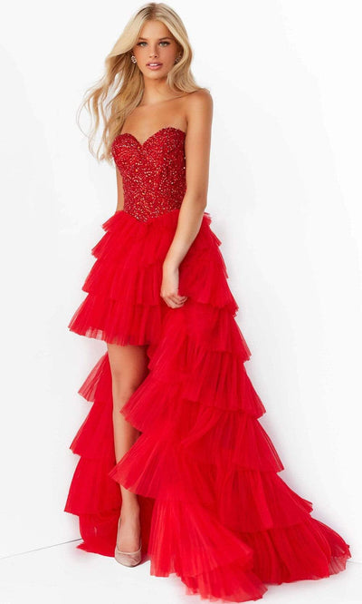 Jovani - 08100 Bedazzled Strapless High Low Dress Prom Dresses 00 / Red