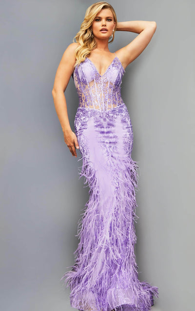 Jovani - 08141 Feather Accented Corset Gown Prom Dresses 16 / Lilac