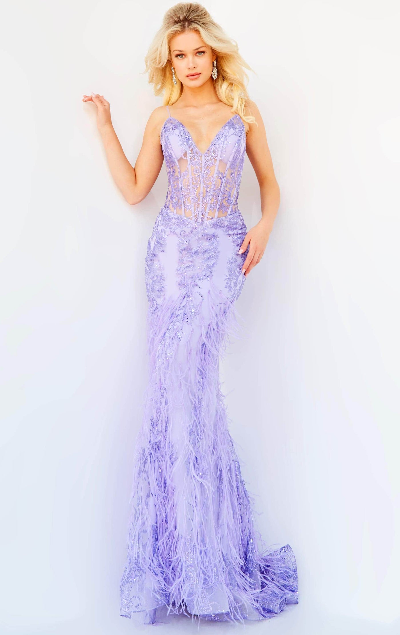 Jovani - 08141 Feather Accented Corset Gown Prom Dresses