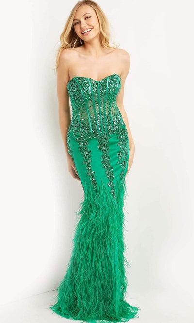Jovani - 08142 Strapless Corset Feather Gown Special Occasion Dress 00 / Emerald