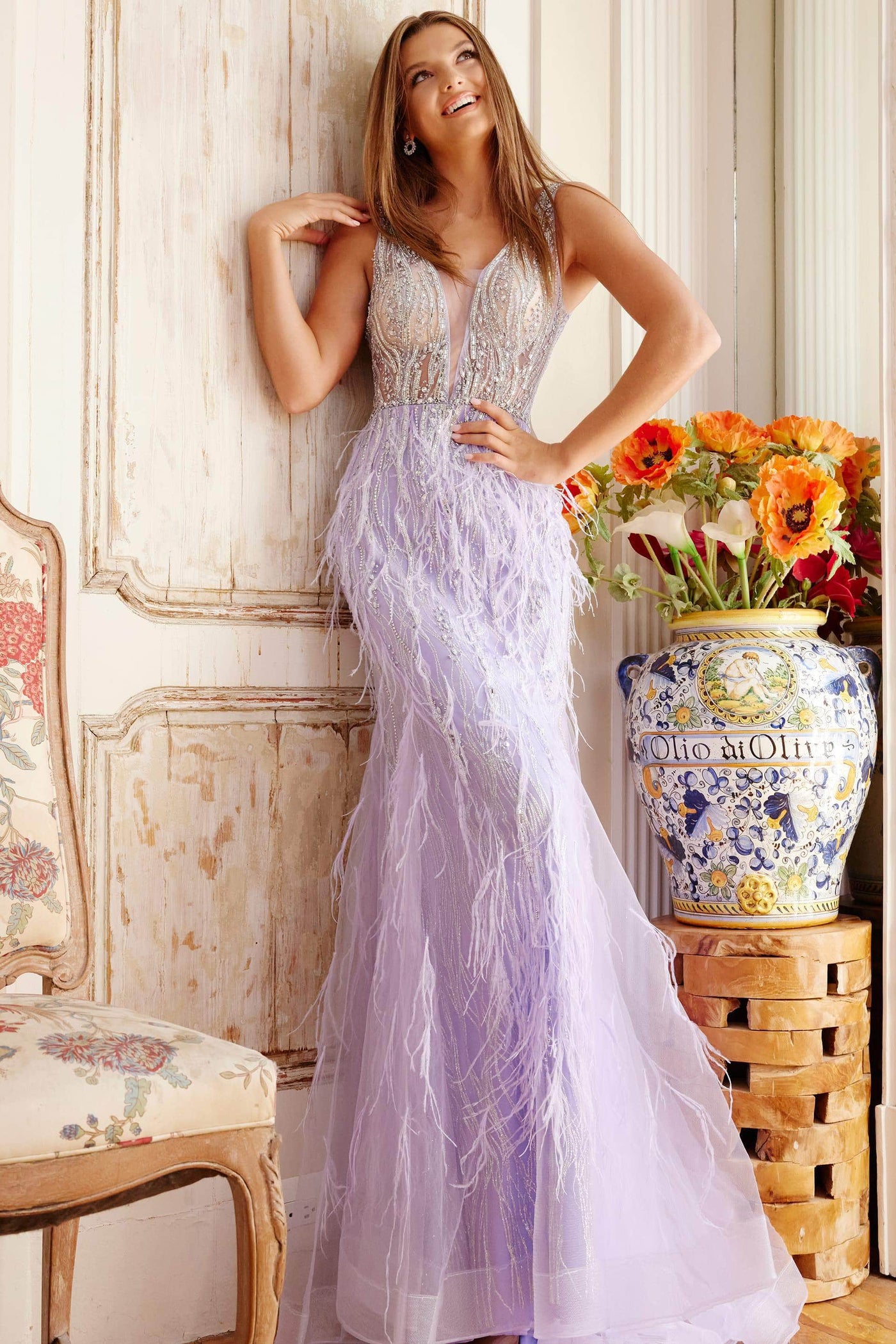 Jovani 08144 - Feathered Trumpet Prom Dress Prom Dresses 00 / Lilac
