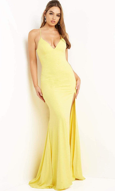 Jovani - 08153 Spaghetti Strap Glitter Gown Special Occasion Dress 00 / Yellow