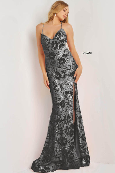Jovani - 08255 V-Neck Floral Sequin High Slit Dress Prom Dresses