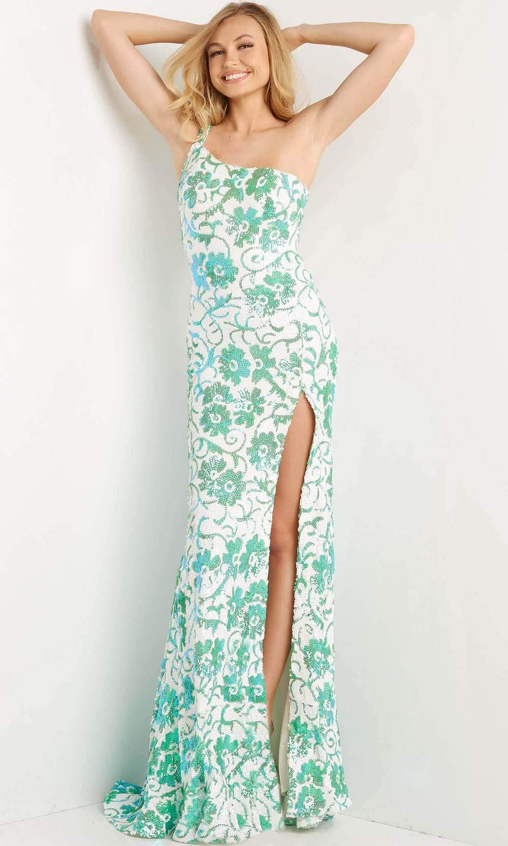Jovani - 08256 Floral Sequin Asymmetrical Sheath Gown Prom Dresses 00 / Ivory/Emerald