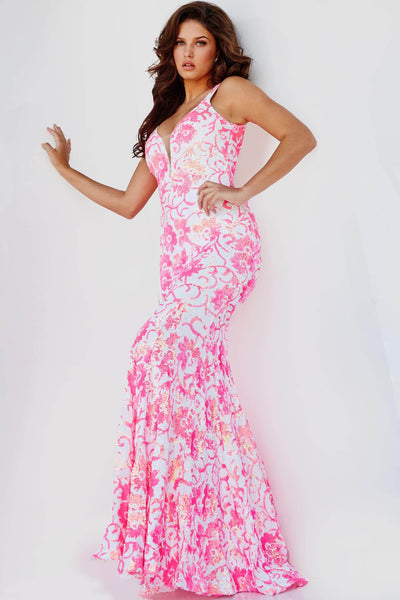 Jovani - 08257 Sleeveless Floral Sequin Long Gown Prom Dresses 00 / Ivory/Hot-Pink