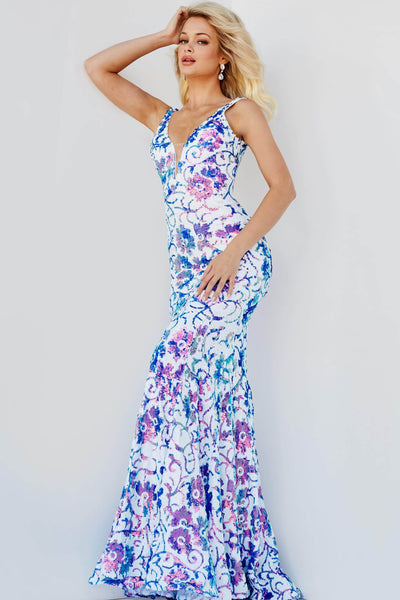 Jovani - 08257 Sleeveless Floral Sequin Long Gown Prom Dresses