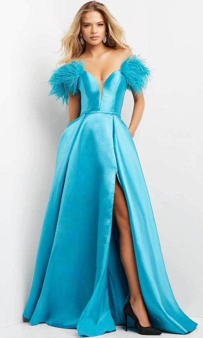 Jovani 08321 - Feathered Off Shoulder Evening Gown Evening Dresses