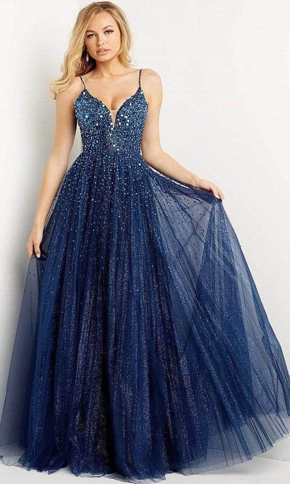 Jovani - 08408 Glitter Embellished Prom Dress Ball Gowns 00 / Navy