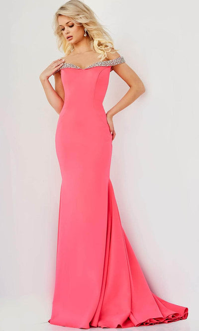 Jovani 08436 - Jewel Off Shoulder Prom Dress Special Occasion Dress 00 / Cerise