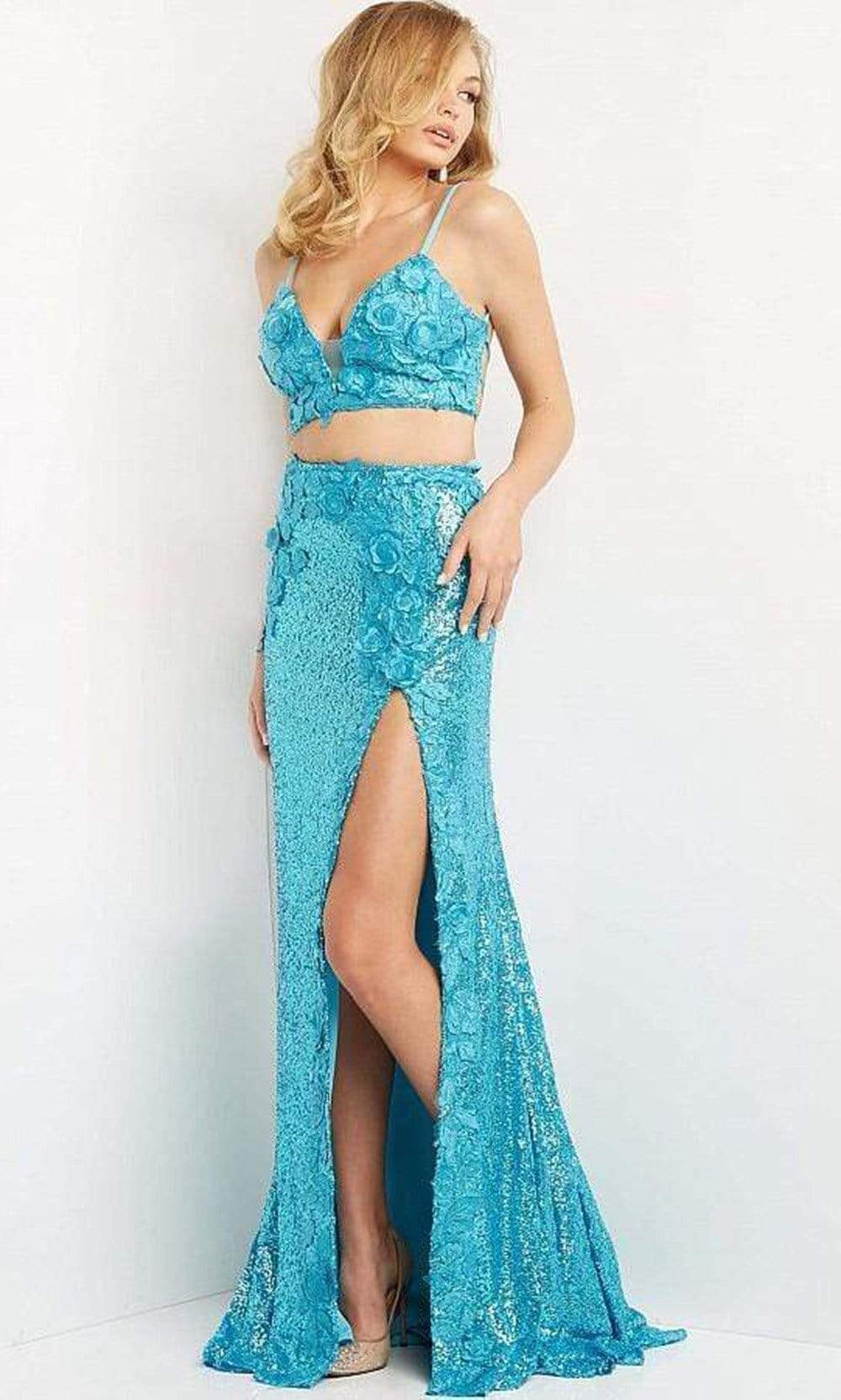 Jovani - 08471 Floral Applique Two-Piece High Slit Sequin Prom Dress Special Occasion Dress 00 / Turquoise
