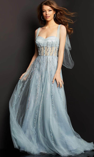 Jovani 08487 - Corset Sheer Bodice Tulle Gown Special Occasion Dress 00 / Blue