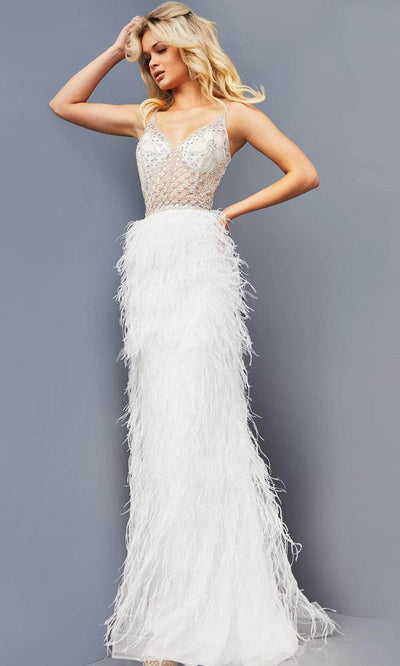 Jovani 08525 - V-Neck Feathered Sheath Prom Dress Special Occasion Dress