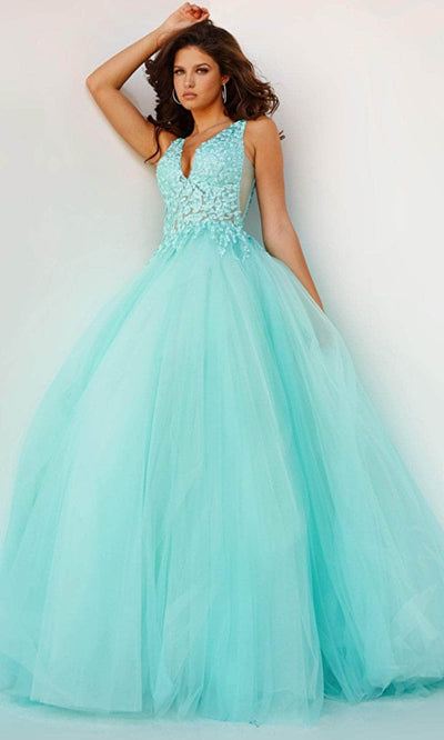Jovani 08572 - V-Neck Laced Ballgown Ball Gowns 00 / Mint
