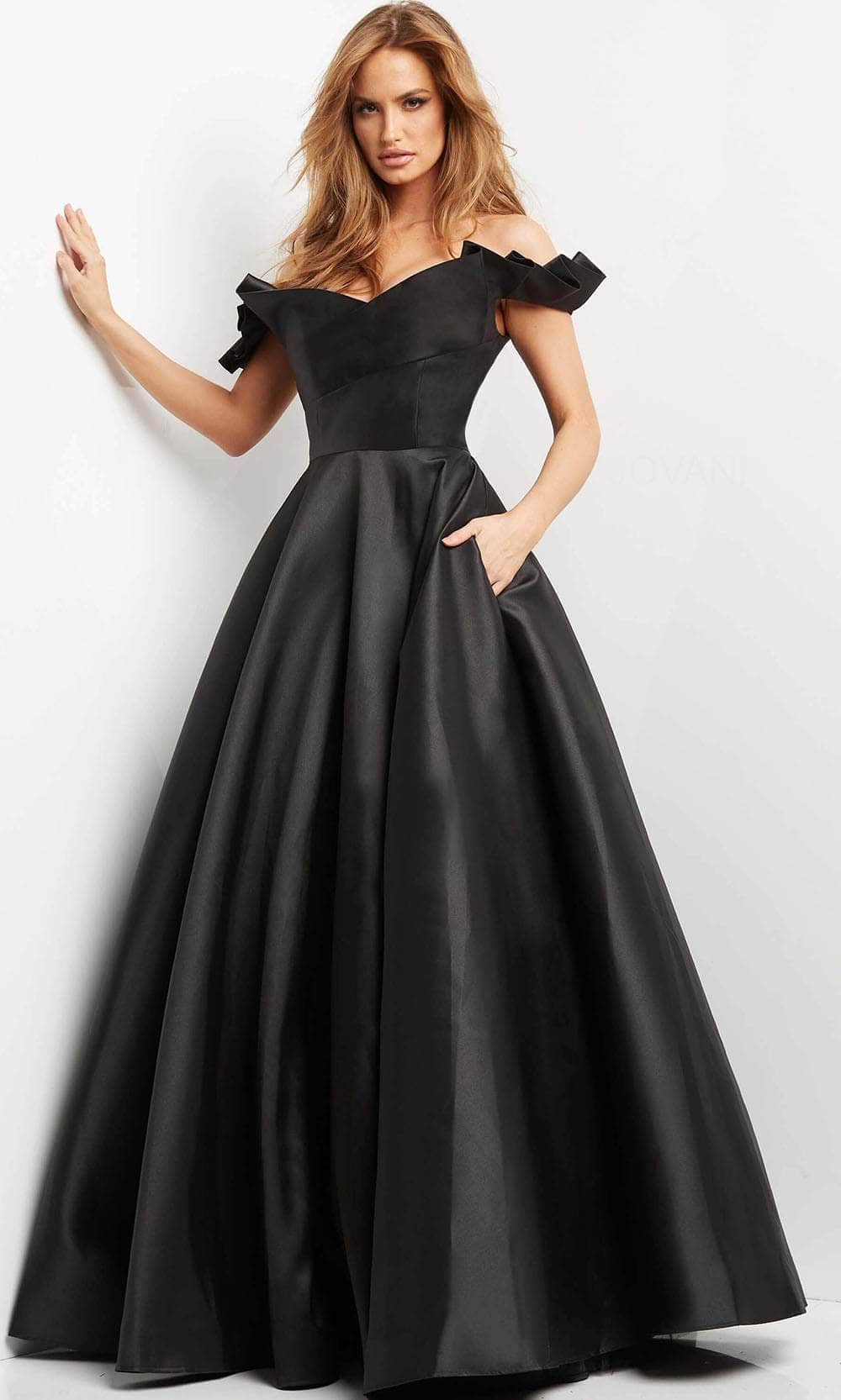 Jovani 08579 - Off Shoulder Crumbcatcher Evening Dress Evening Dresses 00 / Black
