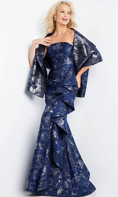 Jovani 08685 - Straight Across Trumpet Dress with Shawl Prom Dresses 00 / Navy