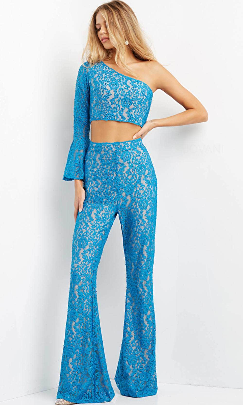 Jovani 08693 - Asymmetric Neck Two Piece Jumpsuit Special Occasion Dress 00 / Peacock/Nude