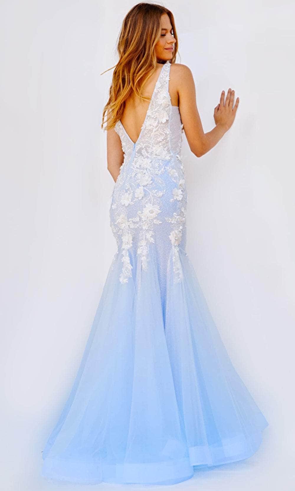 Jovani 09322 - Plunging Neck Floral Appliqued Ombre Gown Prom Dresses