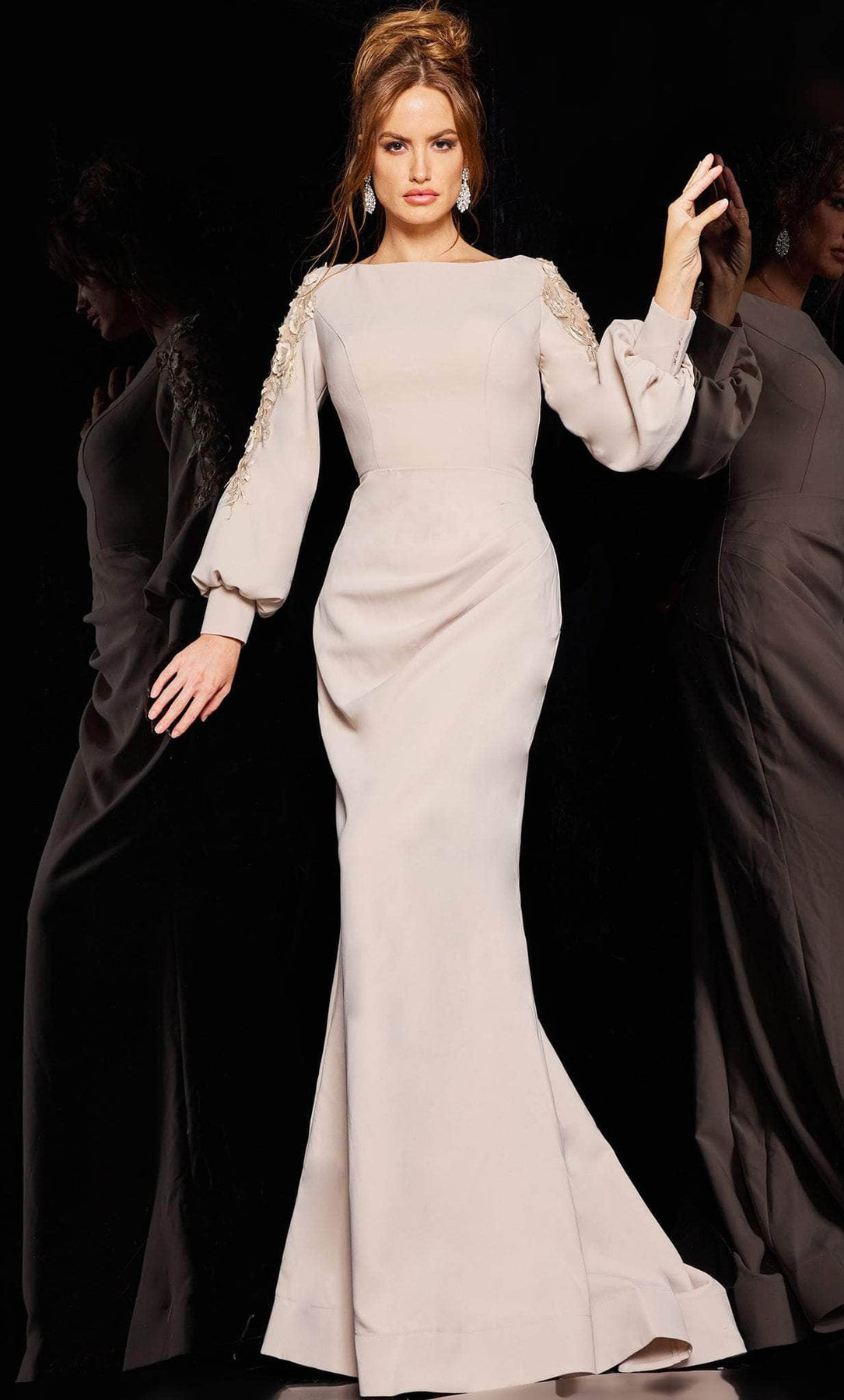 Jovani 09470 - Bishop Sleeve Mermaid Evening Gown Evening Dresses 00 / Champagne