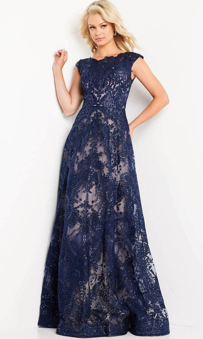 Jovani 09501 - Beaded Lace Evening Dress Evening Dresses 00 / Navy