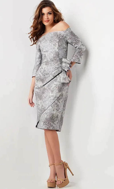 Jovani 09551 - Quarter Sleeve Knee-Length Dress Holiday Dresses 00 / Silver/Grey