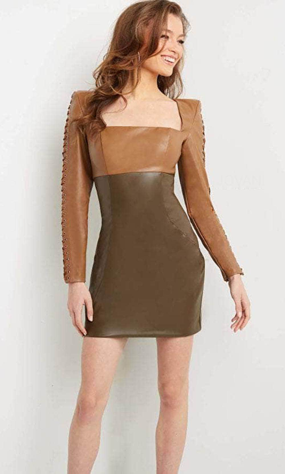 Jovani 09585 - Long Sleeves Square Neck Short Dress Cocktail Dresses 00 / Camel/Olive