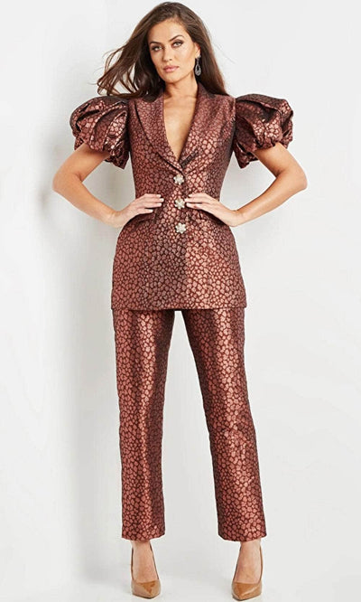 Jovani 09643 - Puff Sleeve Evening Pant Suit Special Occasion Dress 00 / Coffee